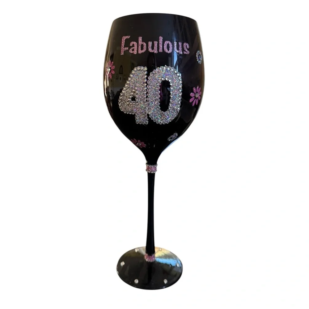 NWT 40th Birthday Hand Painted Wine Glass Bedazzled Black Pink Silver Large